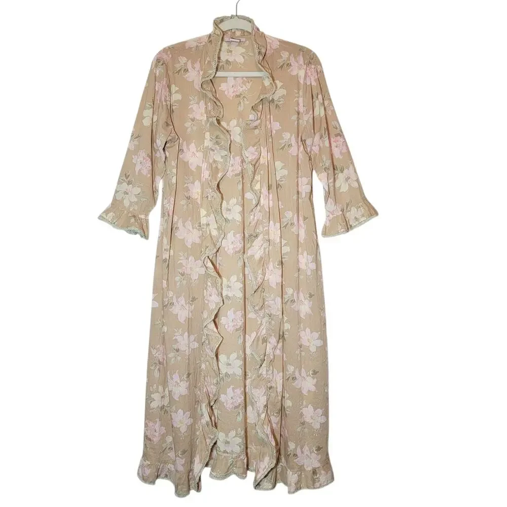 Fleurette Floral Cotton Kimono Robe Ruffle Tie Waist Maxi Beige Pink Romantic S - Picture 5 of 13